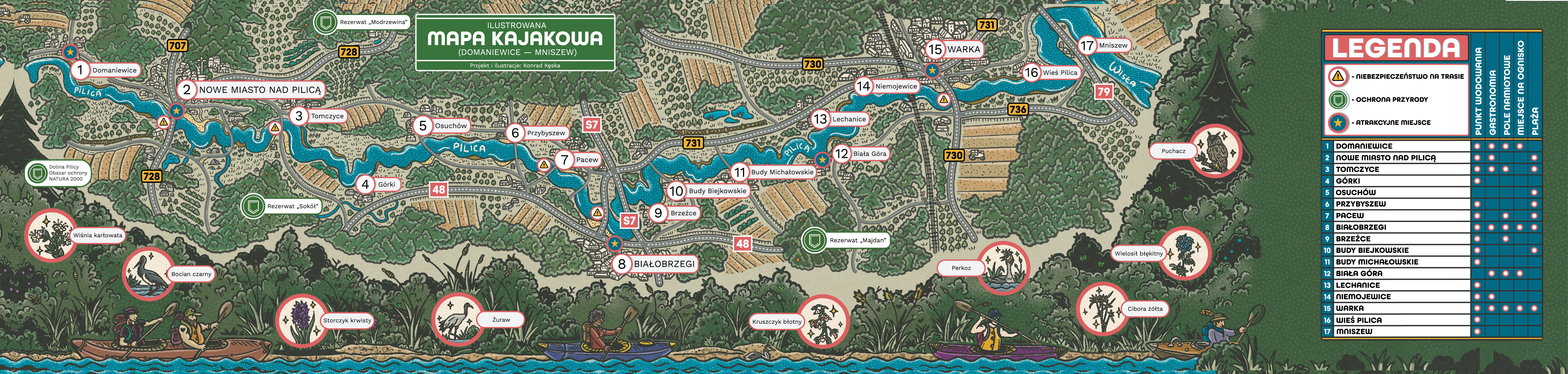 mapa-kajakowa trasy spływów kajakowych Pilicą